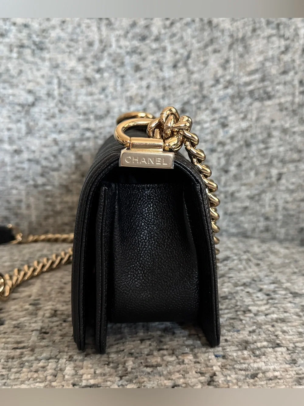 Chanel Black Mini Boy Bag Chevron Quilted Caviar Leather - Light Gold Chain
